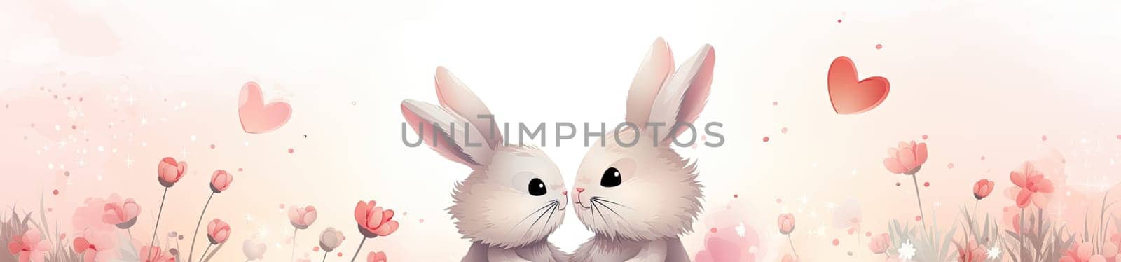 Cute couple of rabbits bunnies kissing together on an easter celebrated background with love