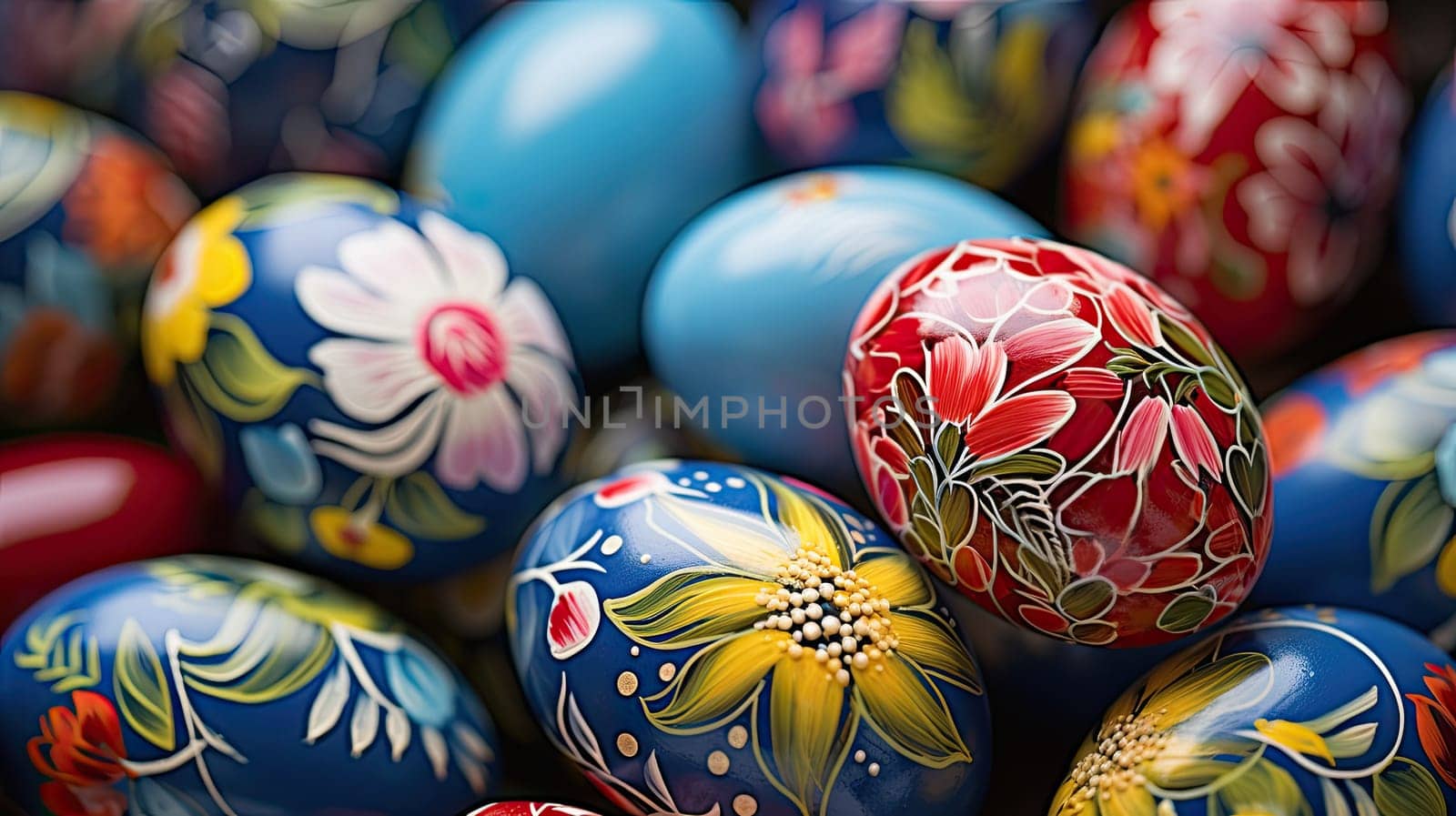 Detail to close up of a colorful painted eggs with floral patterns, easter celebration concept