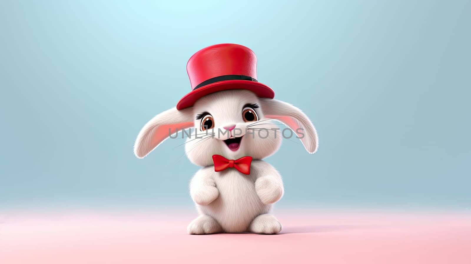 Cute, happy, laughing bunny rabbit with a red hat isolated on pastel pink and blue background