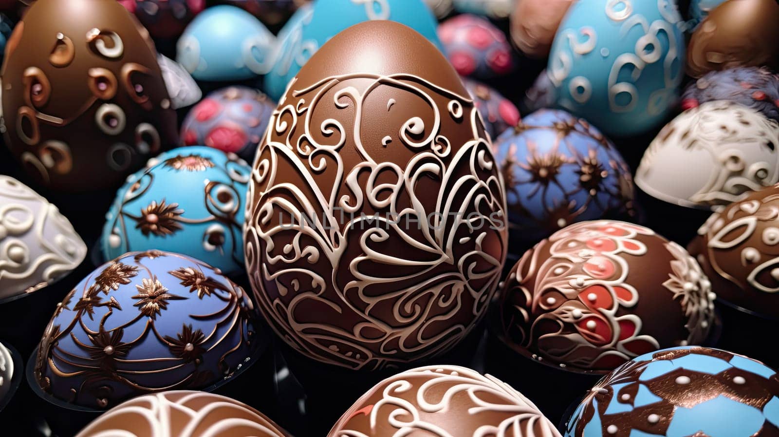 Close up of chocolate easter eggs with an ornaments by handmade, easter celebration concept