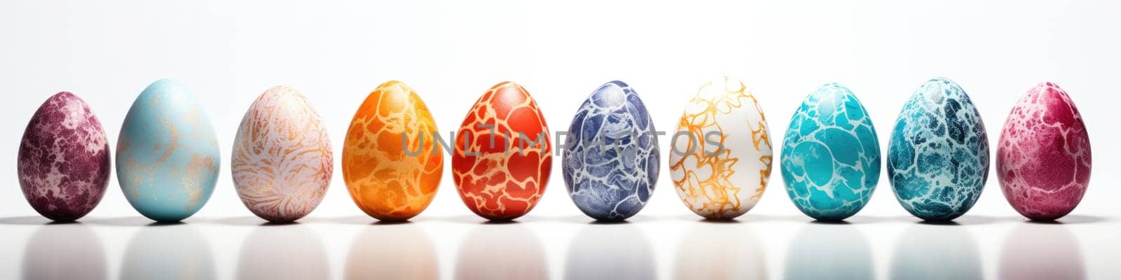 Colorful abstract easter eggs in the row isolated on the white background, easter celebration concept