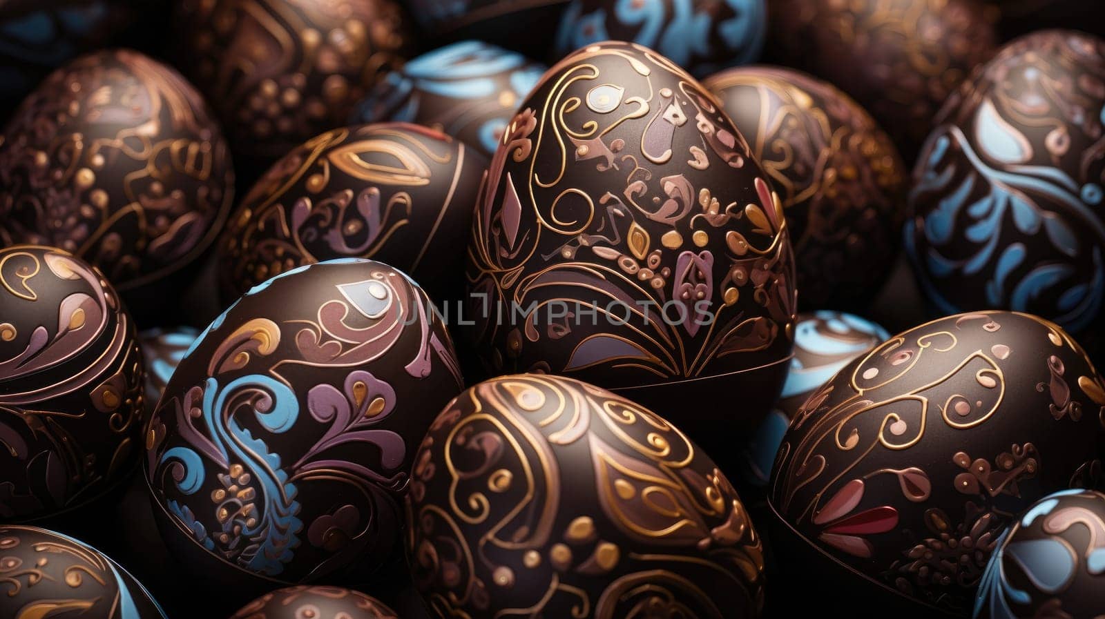 Close up of chocolate easter eggs with an ornaments by handmade, easter celebration concept