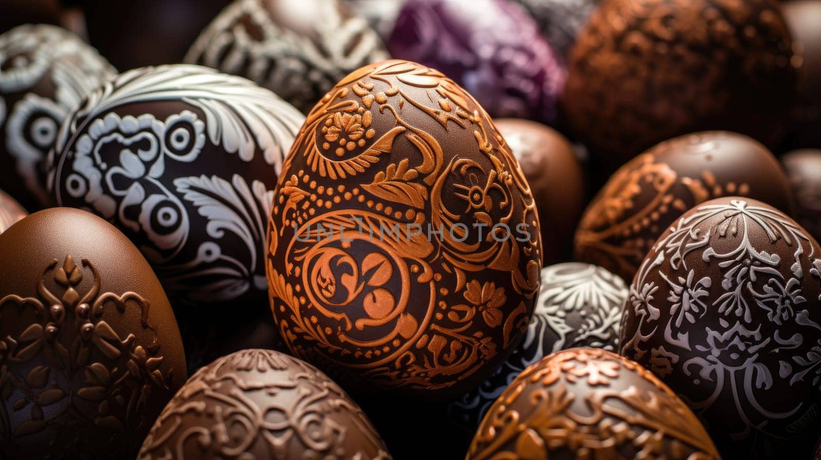 Close up of chocolate easter eggs with an ornaments by handmade, easter celebration concept