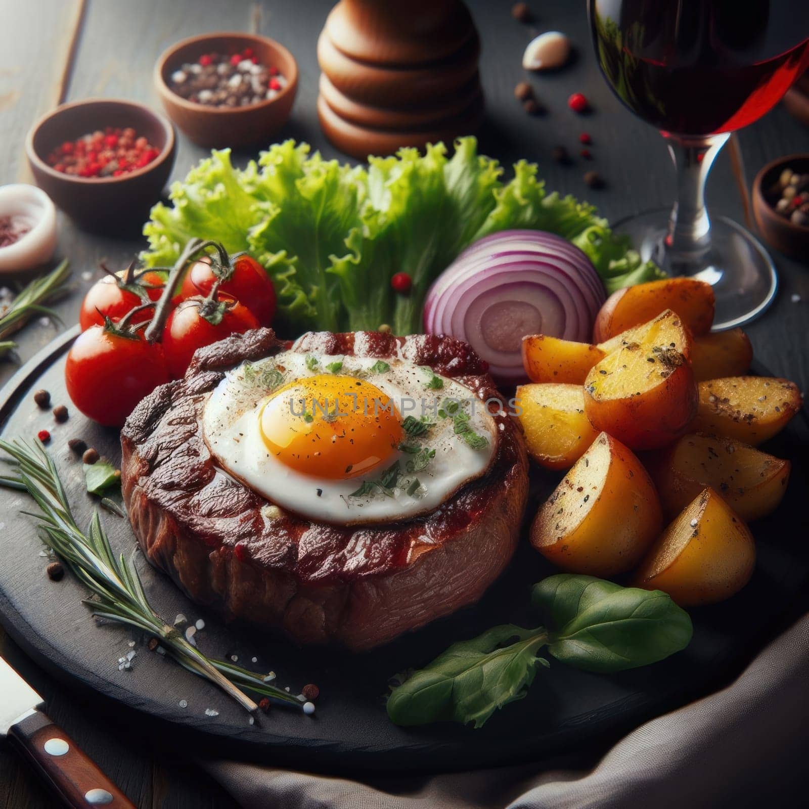 Still life with prepared food: on a wooden board a piece of fried meat with an egg, slices of fried potatoes and a glass of red wine. Spices, herbs, tomatoes and onions