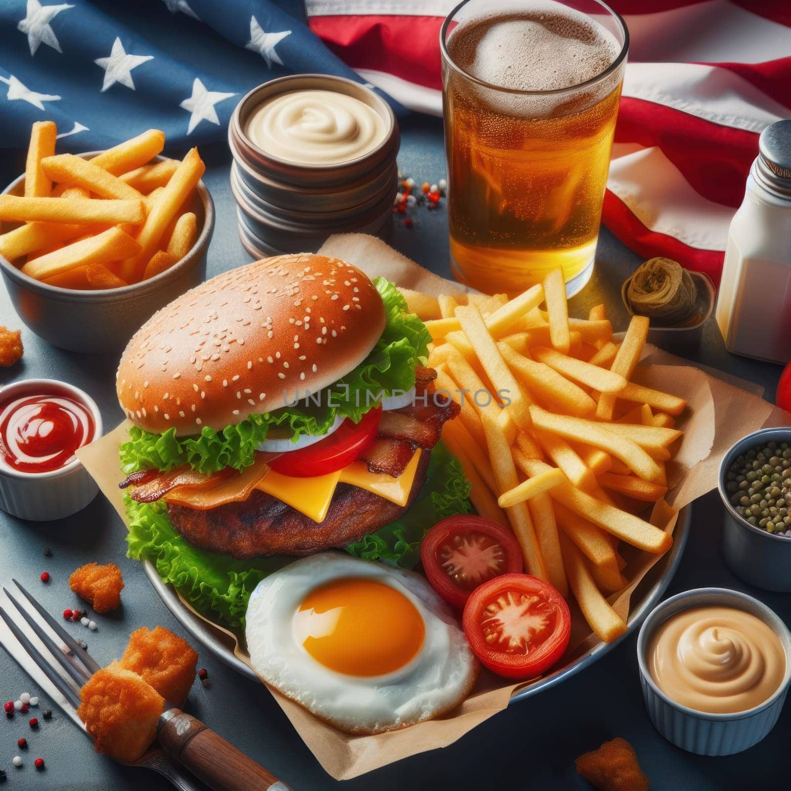 Still life with prepared food: burger with bacon, cutlet and cheese, French fries, fried egg and tomatoes on a plate. Glass of beer, spices, sauces and cutlery