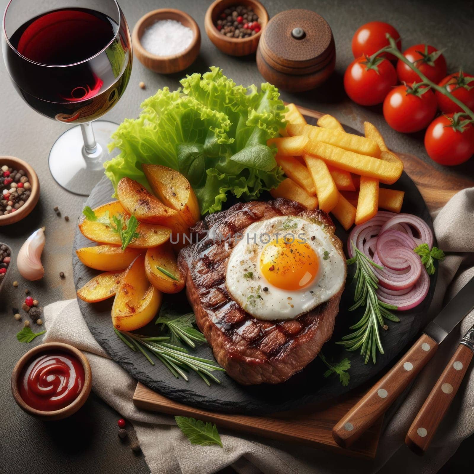 Still life with prepared food: on a stone board a piece of fried meat with an egg, slices of fried potatoes and a glass of red wine. Spices, herbs, tomatoes and onions