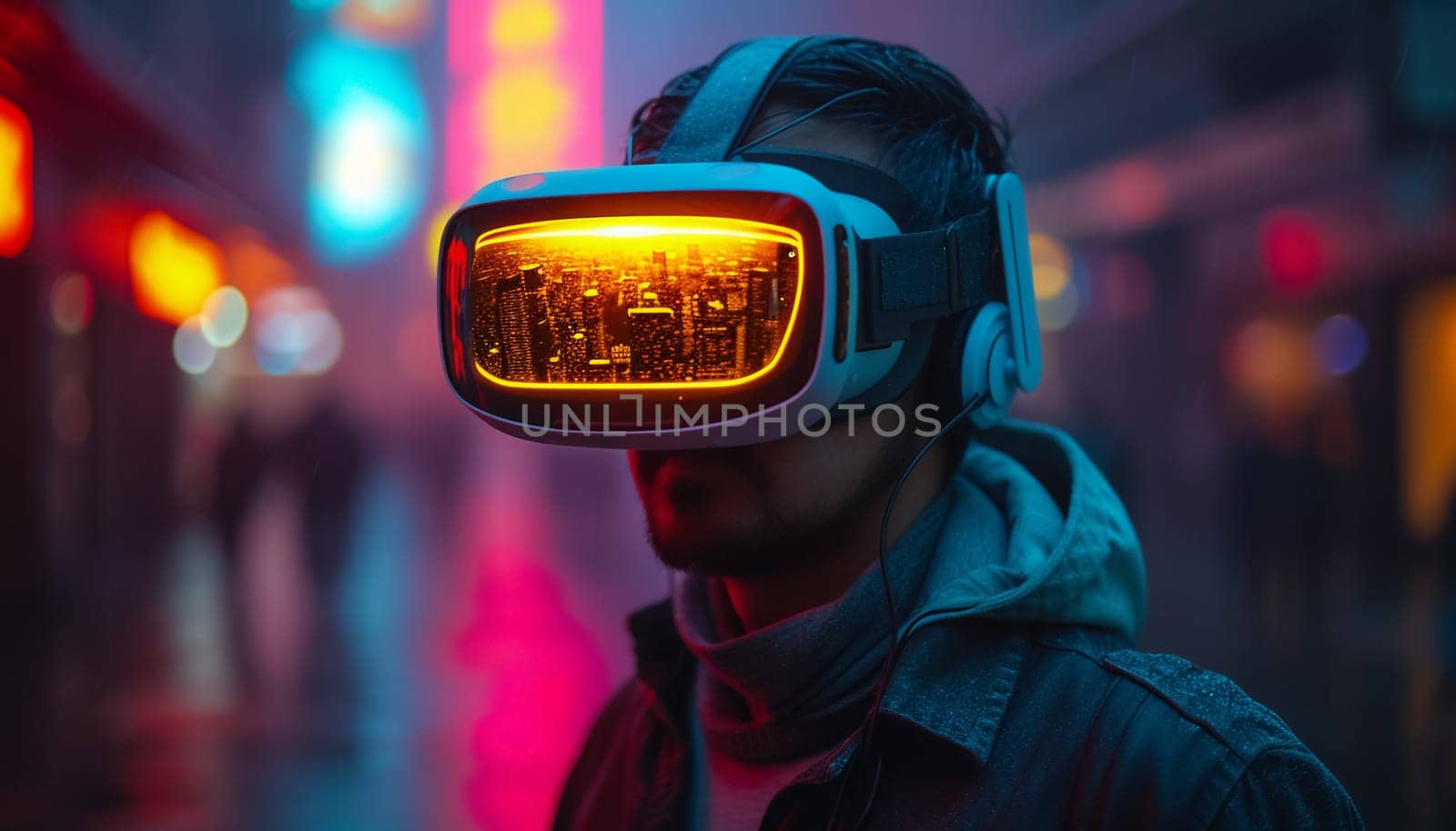 A man in VR glasses on a city street. by Nadtochiy