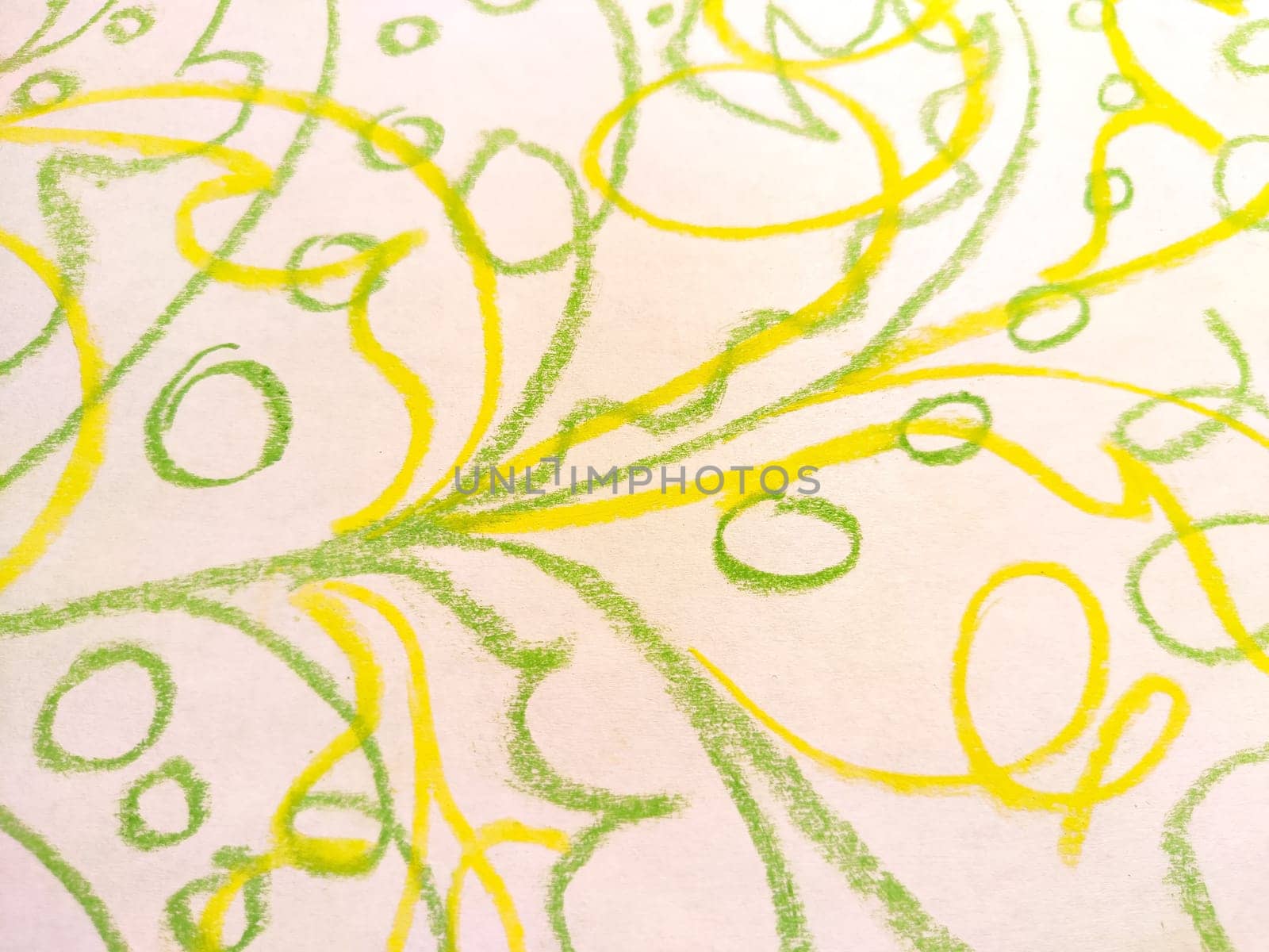 Abstract background, texture drawn in green chalk with flower pattern, plants with smooth lines, curves, leaves, circles. Copy space, wallpaper, card