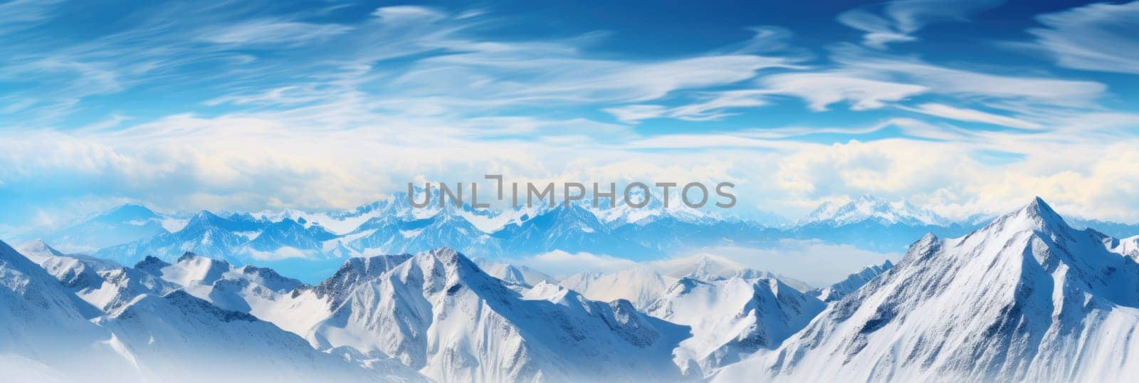 Landscape of a winter mountain range covered in snow with a bright blue sky. by natali_brill