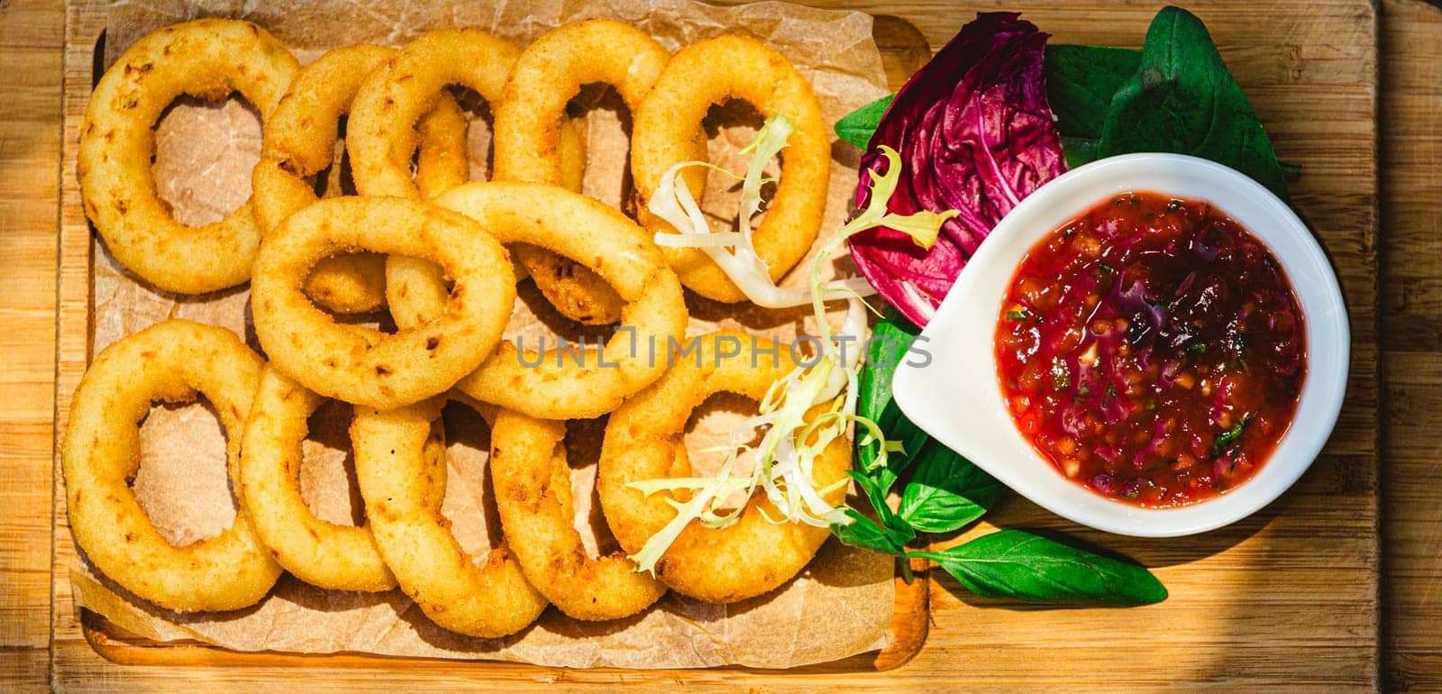 Homemade crunchy fried onion rings with tomato sauce. Shallow dof