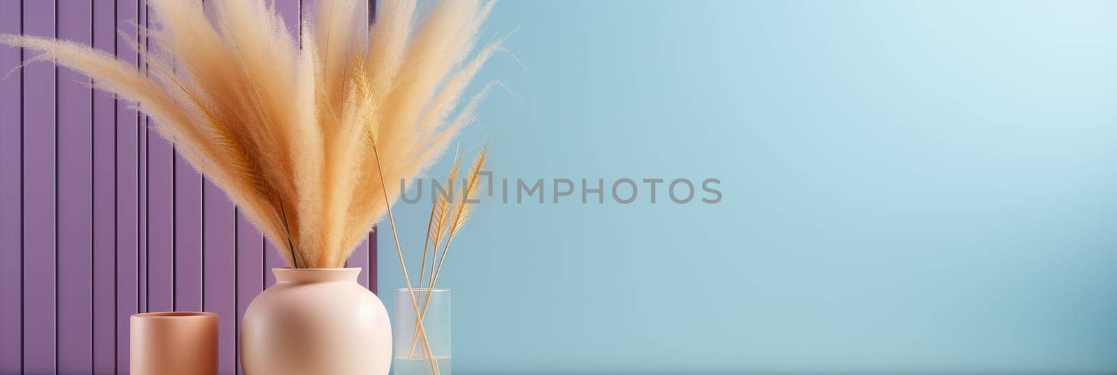 Multicolored vases with dry pampas grass against a textured wall. Wide format banner AI