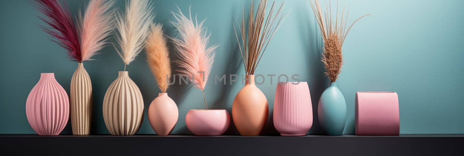 Multicolored vases with dry pampas grass against a textured wall. Wide format banner AI