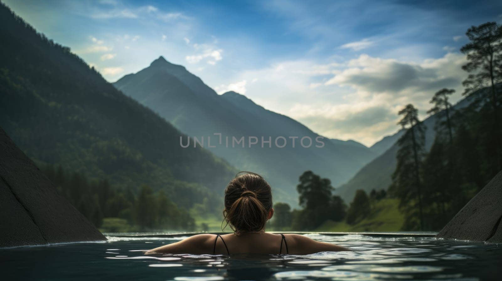 Attractive young woman in a spa in the mountains AI