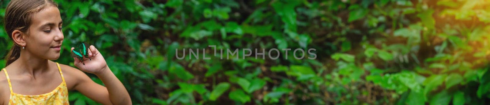 A child holds a beautiful butterfly. Selective focus. Nature.