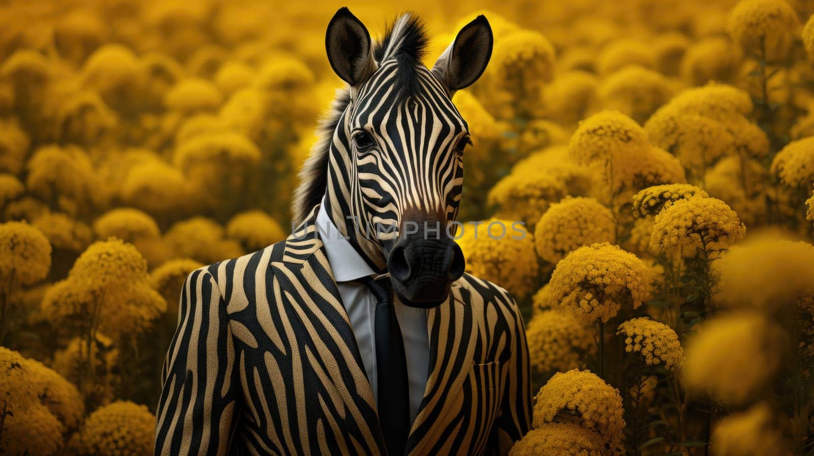Zebra dressed in a suit, in a fantastical field of blossoming yellow flowers AI