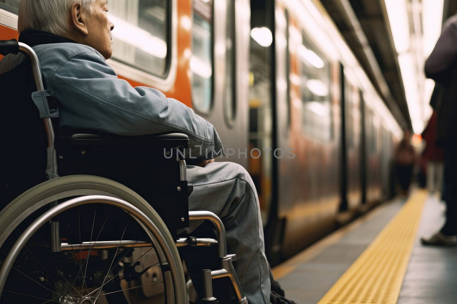 closeup of disabled person riding in wheelchair at train station . disability insurance. generative AI by matamnad