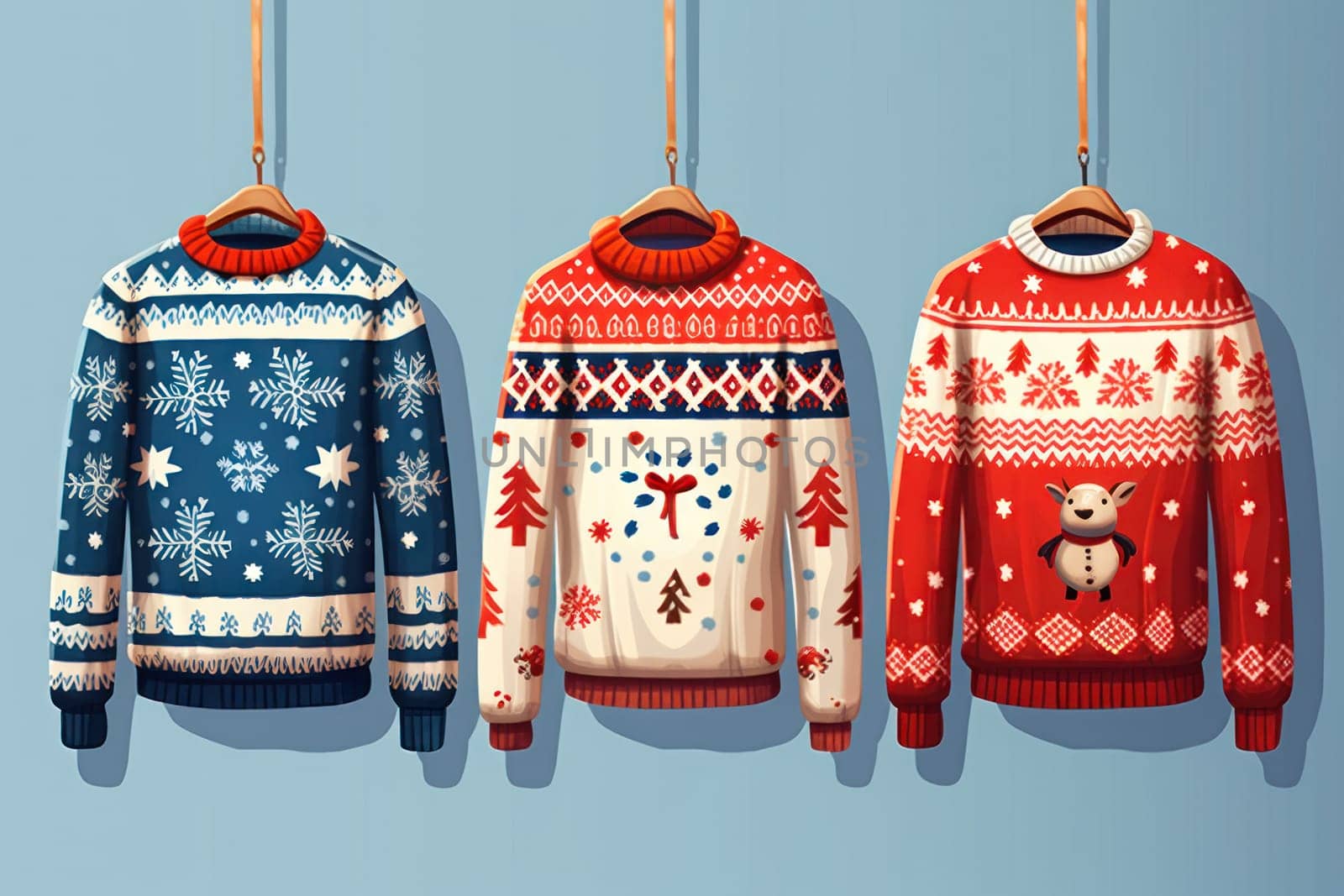 illustration of a pattern of ugly Christmas sweaters for wallpapers. AI generative.