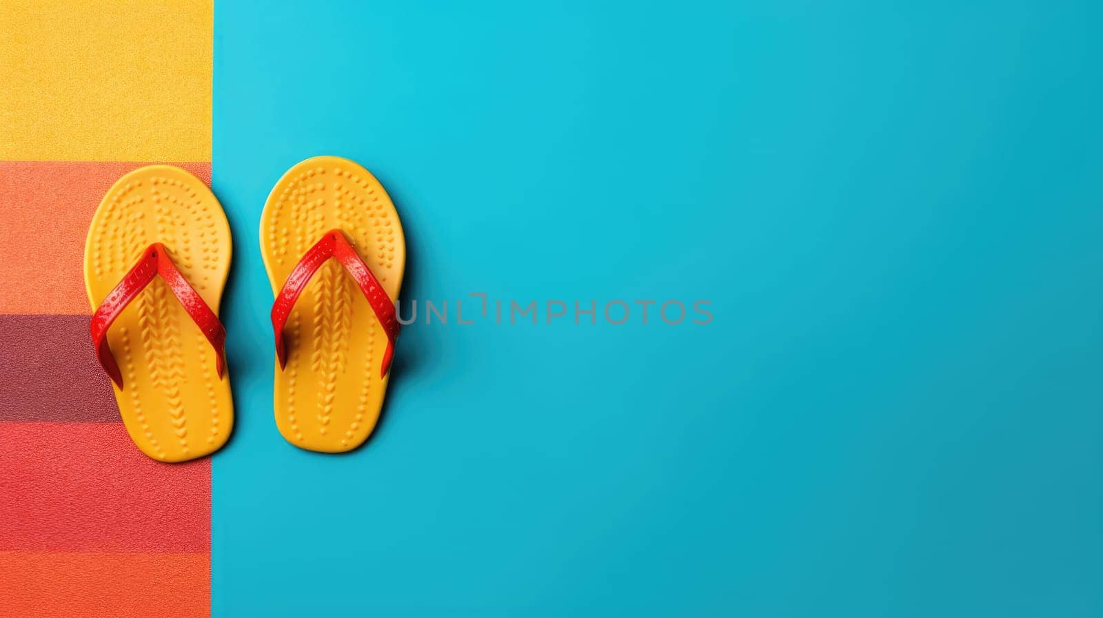 Colored flip-flops on a bright colored background. Summer banner AI