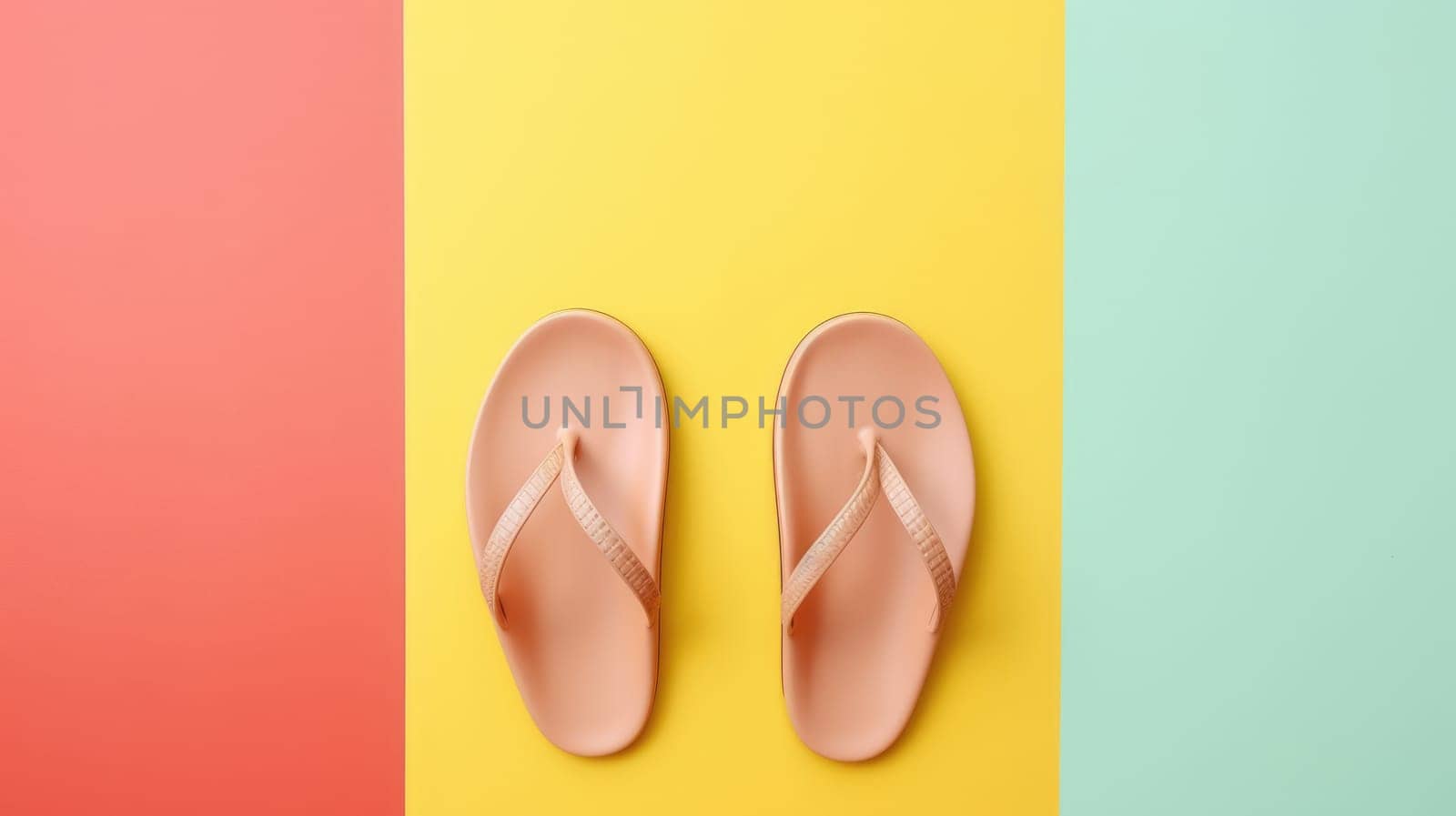 Colored flip-flops on a bright colored background. Summer banner AI