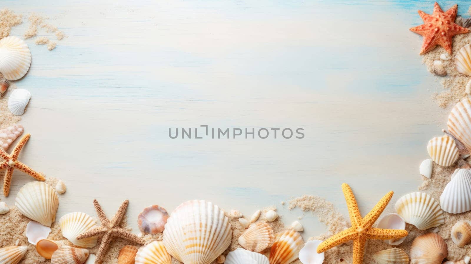 Summer time concept with sea shells and starfish. Summer holidays background with frame and shells. AI