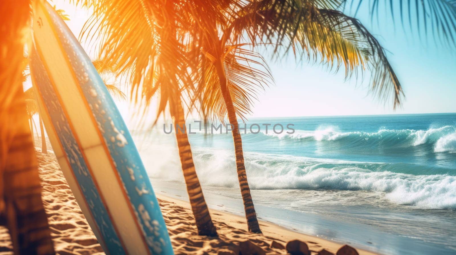 Surfboards on the beach. Blurred sea background with palm trees AI