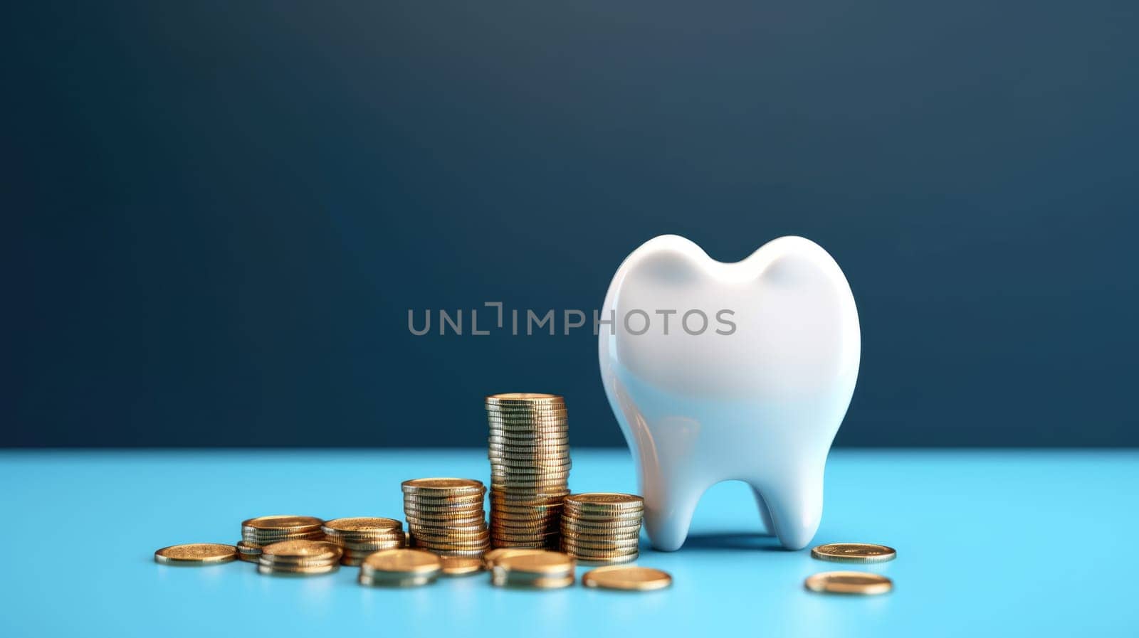 Tooth with coins on blue background. Expensive treatment. by natali_brill