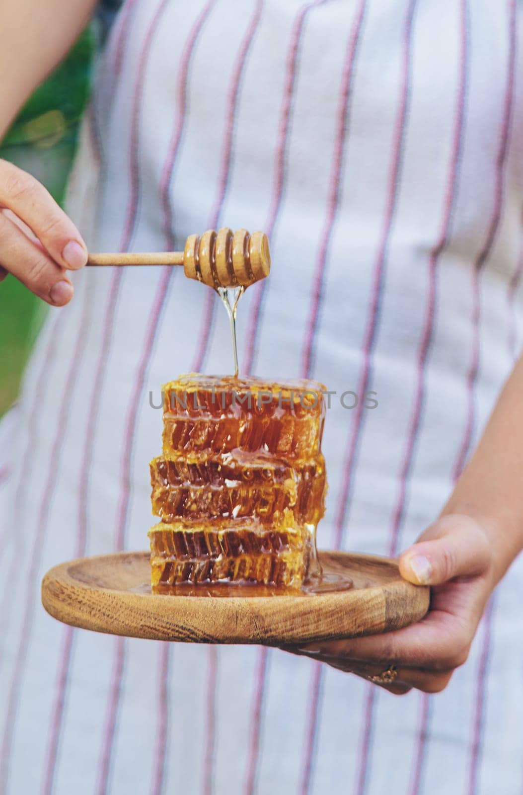 A woman holds honey in the garden. Selective focus. Nature.