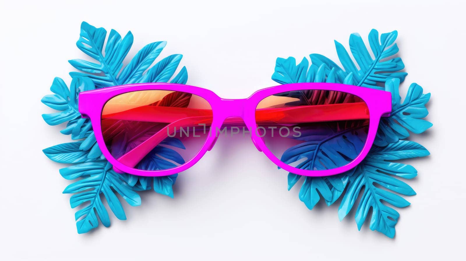 Vibrant blue and pink tropical leaves and sunglasses on white background AI