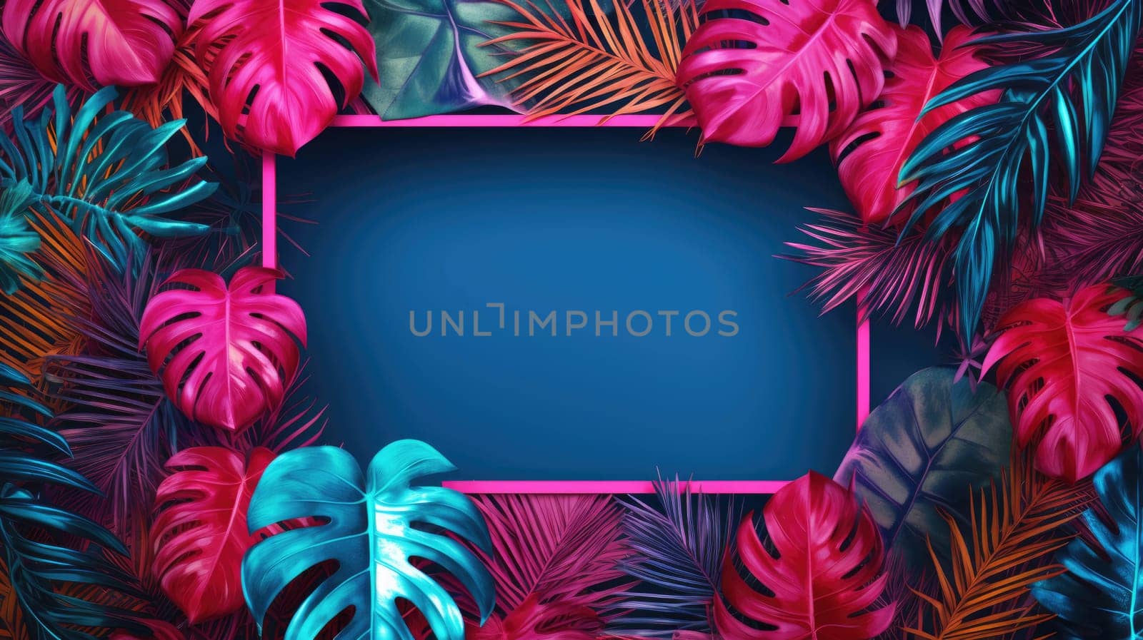 Vibrant blue and pink frame with tropical leaves as the background AI