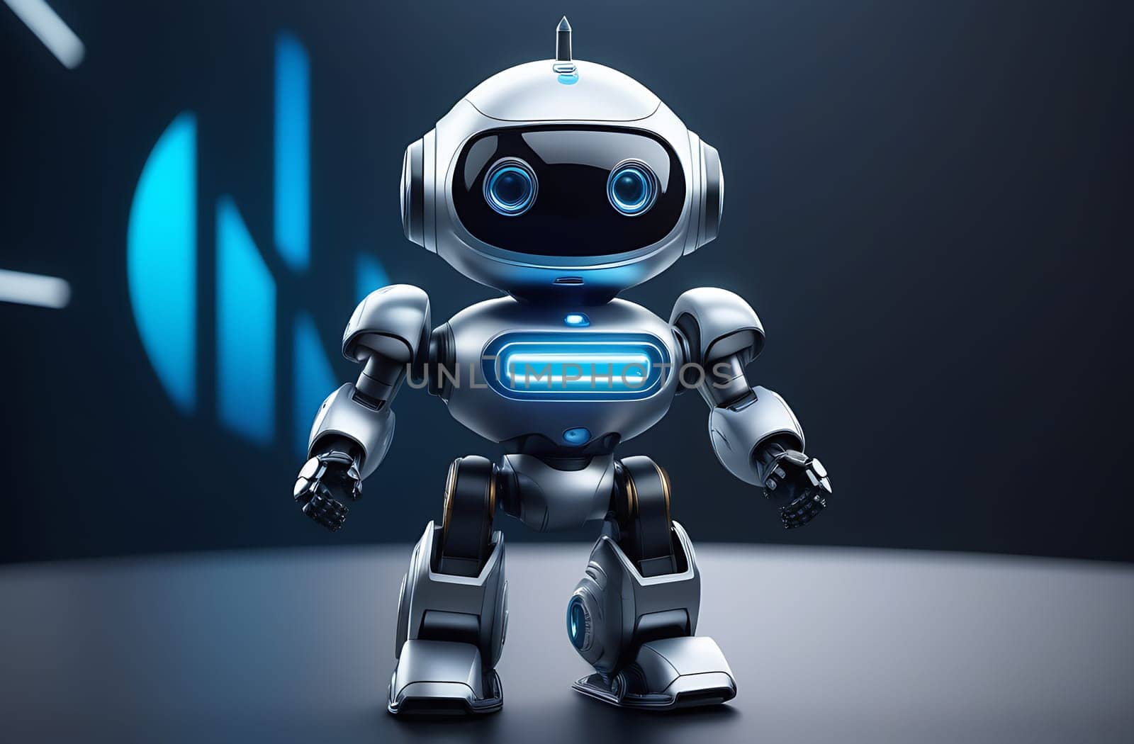 The figure of the robot of the future with artificial intelligence AI on a blue background.