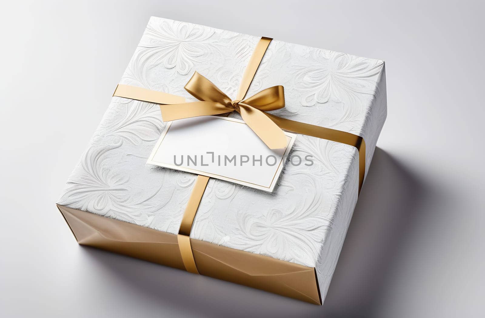 Luxury gold packaging, a bag with a bow with a beautiful pattern, a gift wrapping concept for a wedding or birthday by claire_lucia