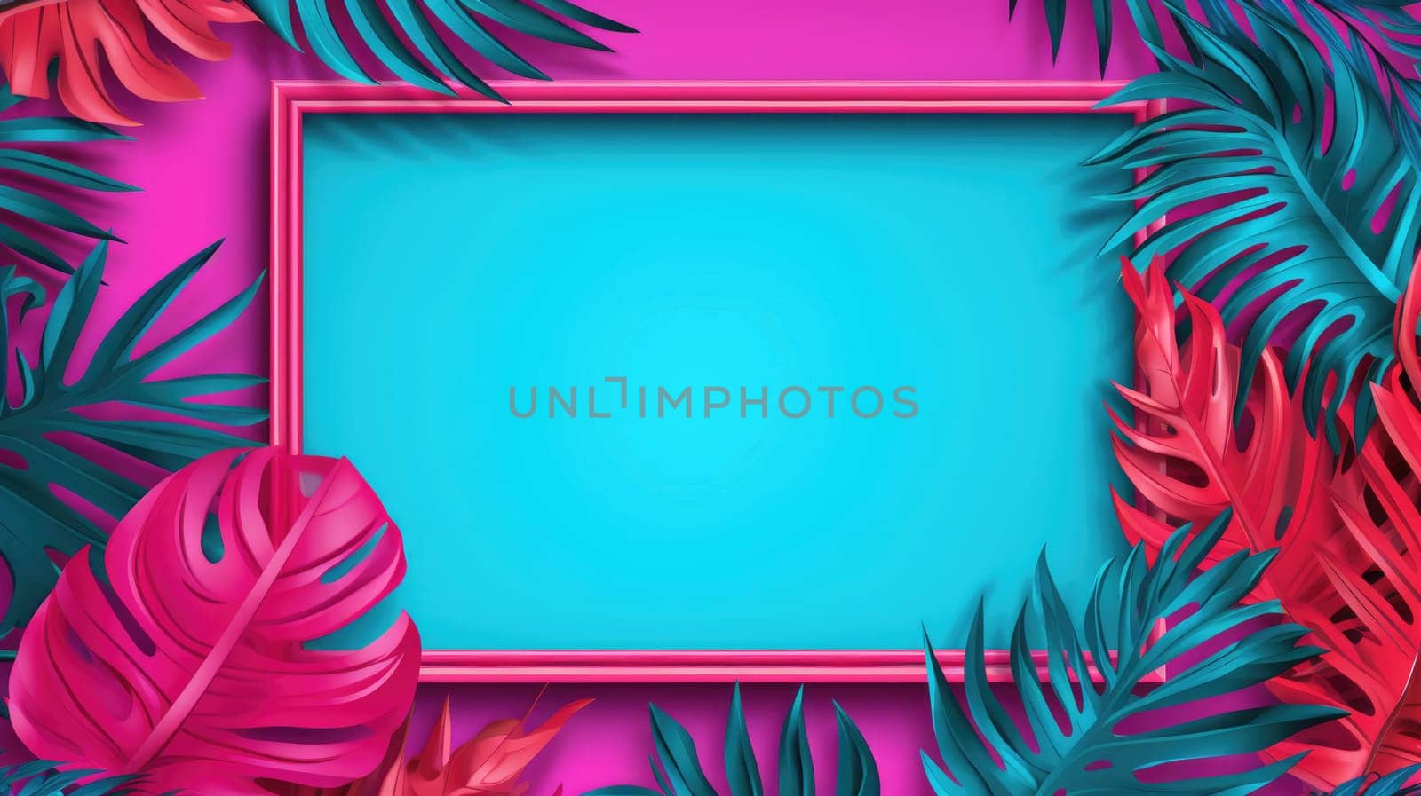 Vibrant blue and pink frame with tropical leaves as the background by natali_brill