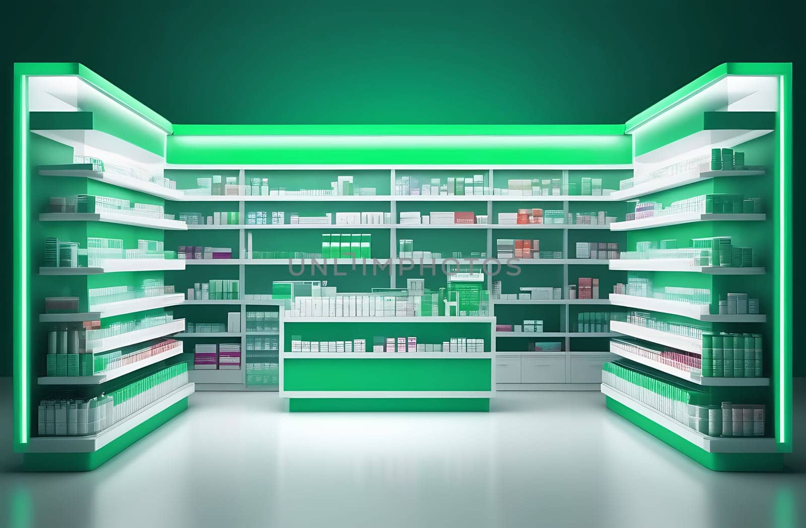 A modern pharmacy with a minimalistic design, shelves with medicines, pharmacy background. Blurred medicines on the shelves inside the pharmacy by claire_lucia