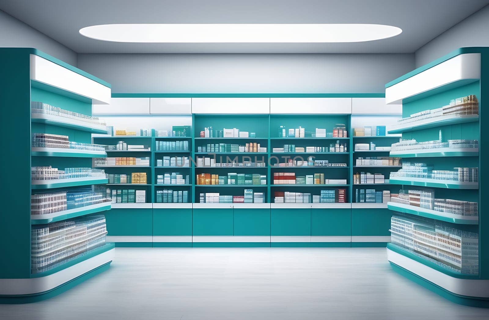 A modern pharmacy with a minimalistic design, shelves with medicines, pharmacy background. Blurred medicines on the shelves inside the pharmacy by claire_lucia