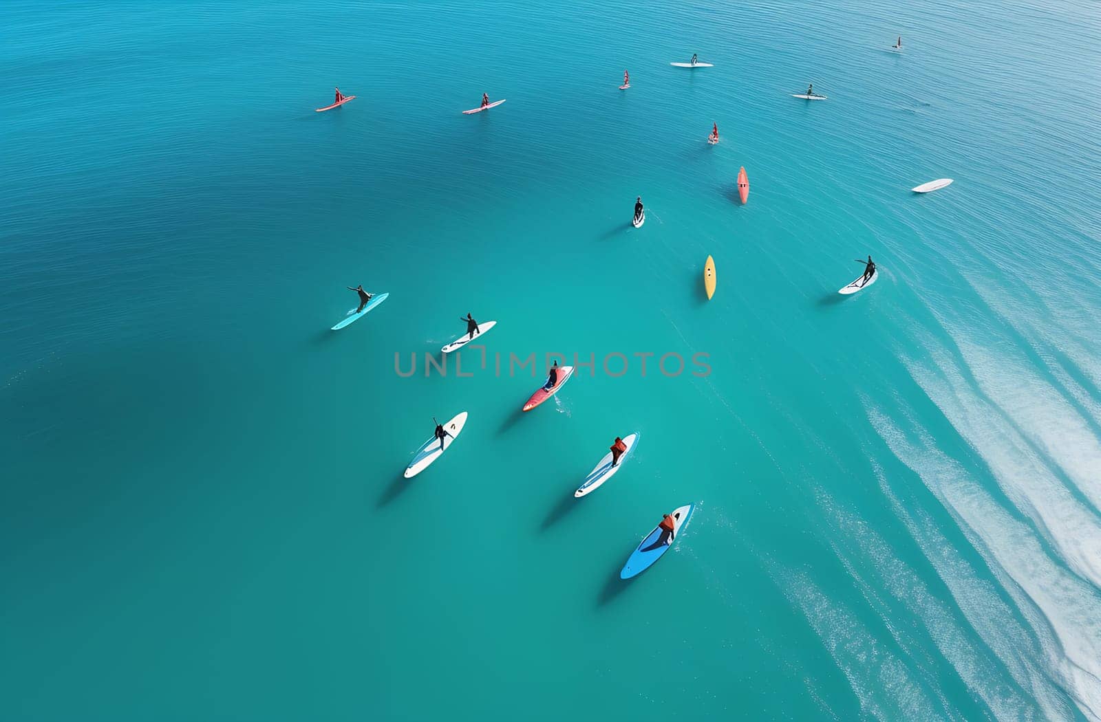 A group of people practice yoga on a sup board in the calm sea in the early morning, combining the tranquility of yoga with the excitement of surfing.