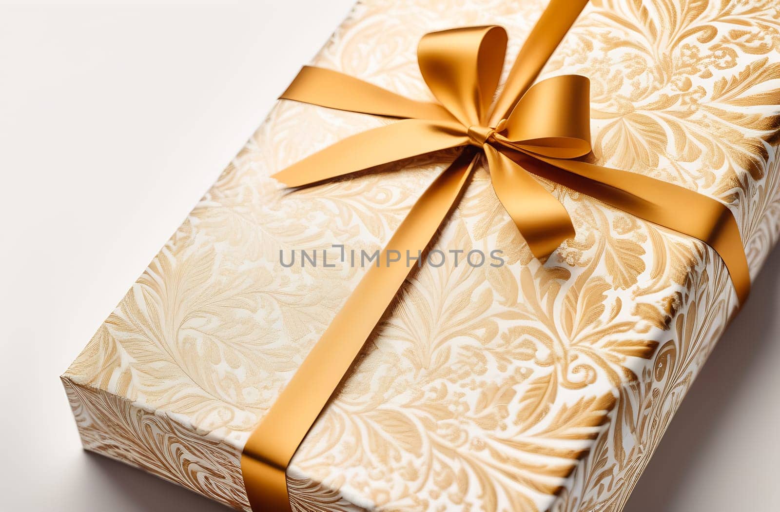 Luxury gold packaging, a bag with a bow with a beautiful pattern, a gift wrapping concept for a wedding or birthday by claire_lucia