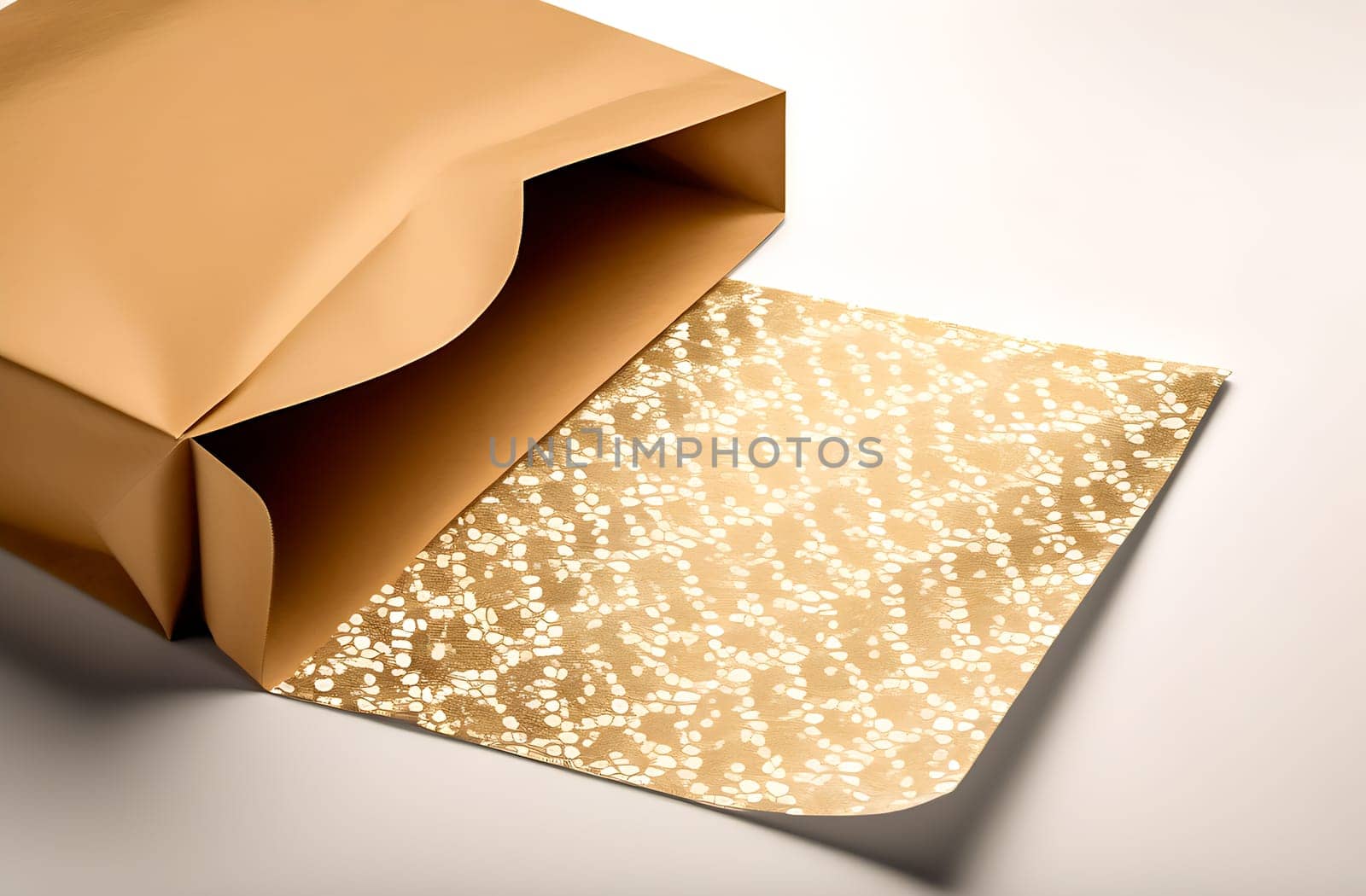 Luxury gold packaging, a bag with a bow with a beautiful pattern, a gift wrapping concept for a wedding or birthday.