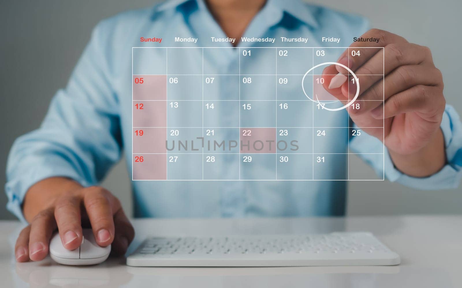 Businessman marking dates on virtual calendar, managing his business schedule, setting reminders for important appointments, creative collage for planning ideas, appointment scheduler by Unimages2527