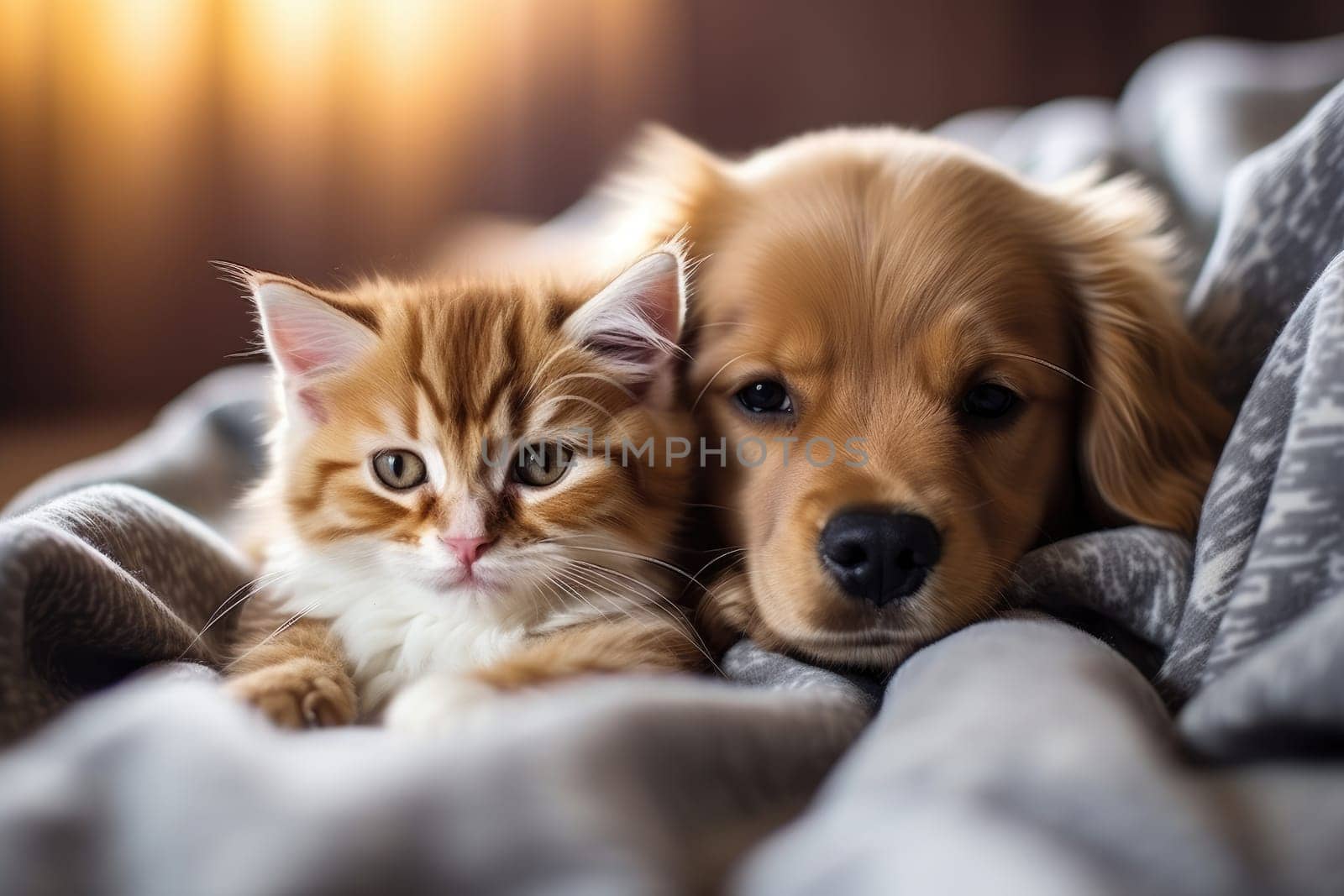 Cute kitty and puppy cudgeling together isolated .generative AI by matamnad