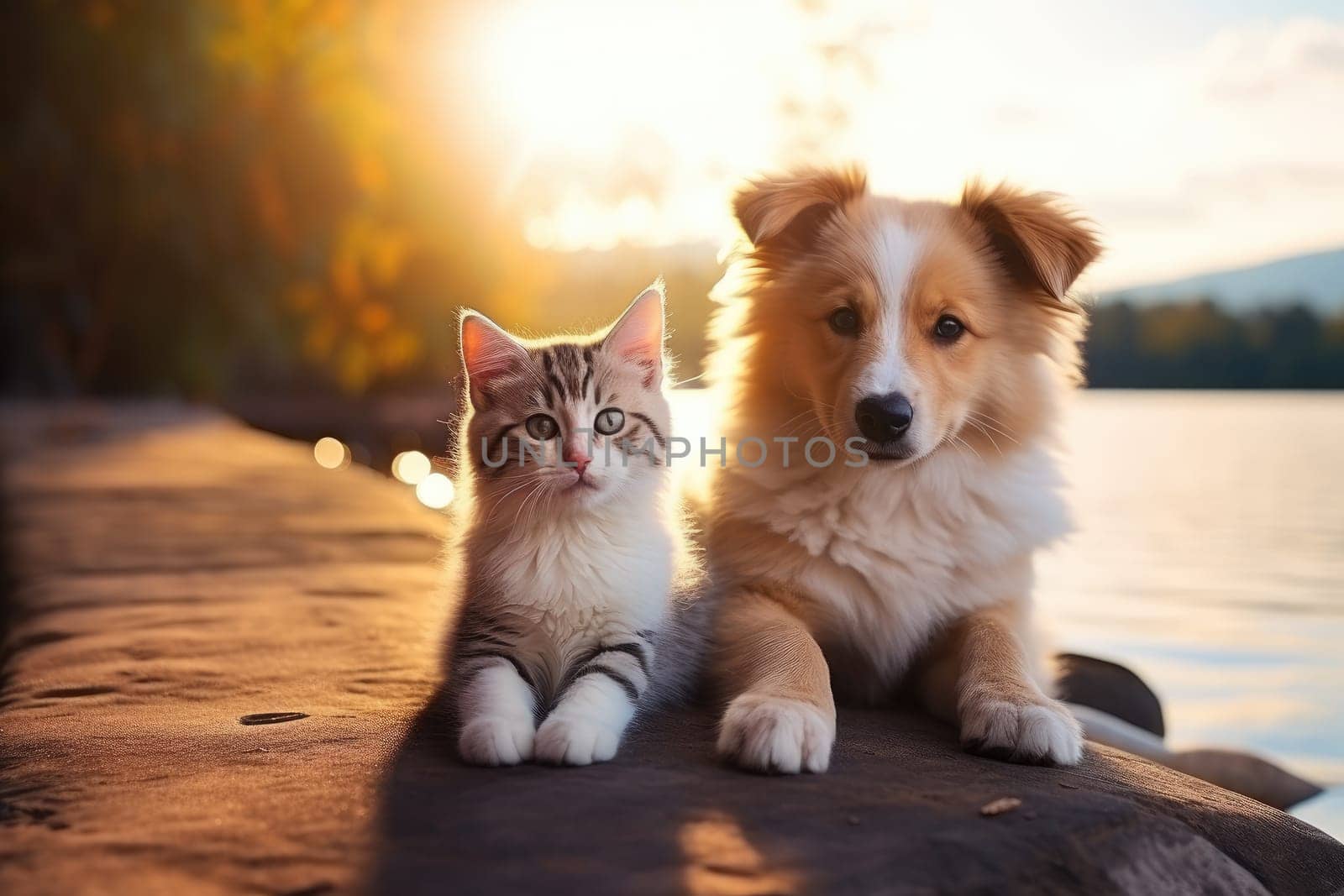 Cute kitty and puppy cudgeling together isolated .generative AI by matamnad