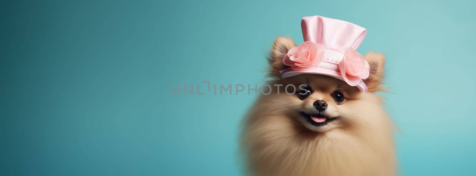 Cute red fluffy spitz with open mouth and pink tongue wearing a hat with a peach flower on a blue background, favorite Easter pet, copy space, Generated AI