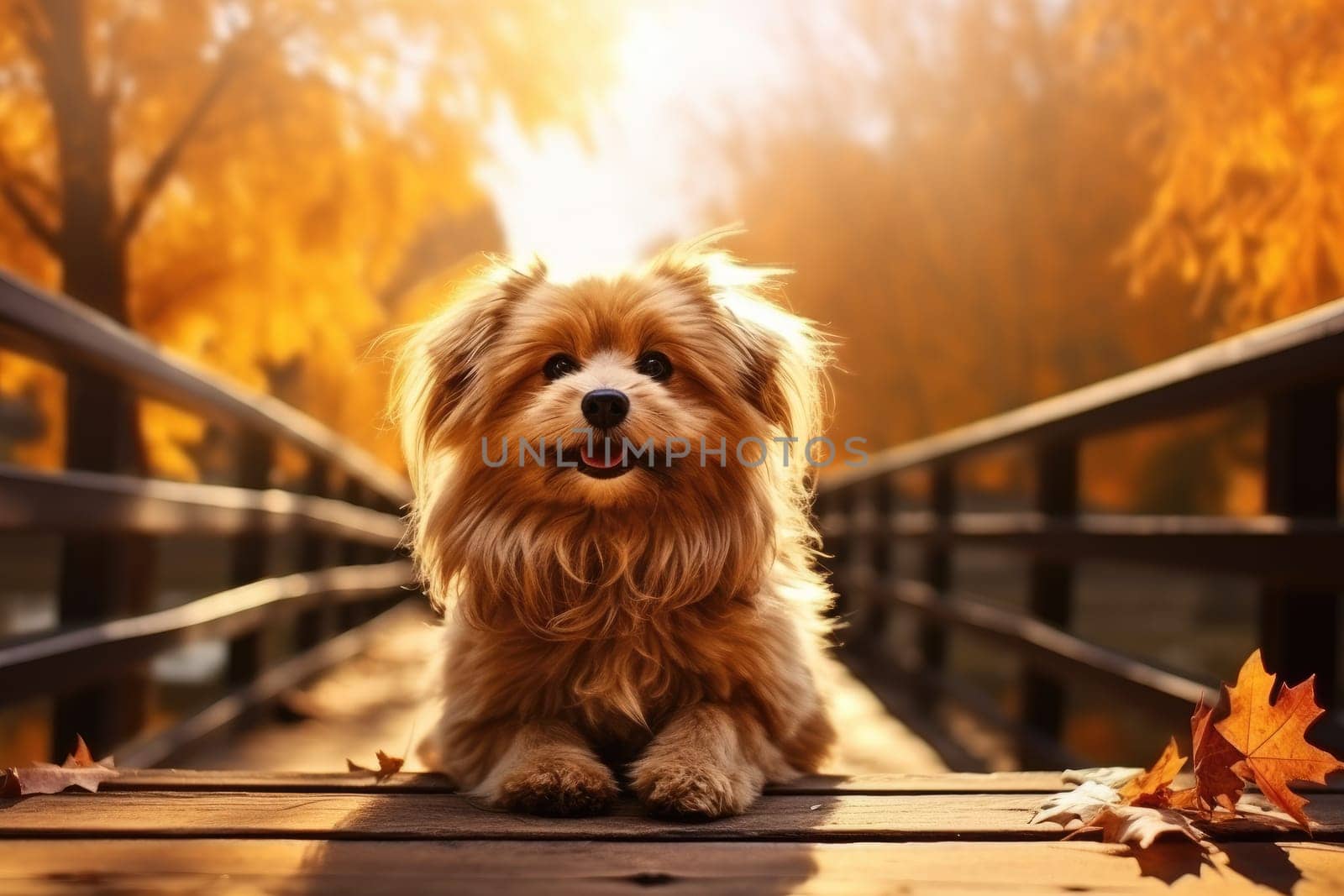 dog in a park in autumn season during late autumn sunset with a sun flares in the background. Generative AI. by matamnad