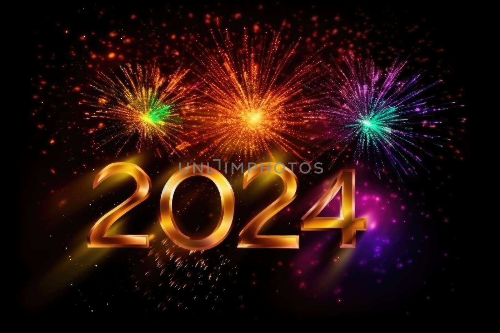 Happy New Year 2024 party celebration with fireworks. Generative AI.