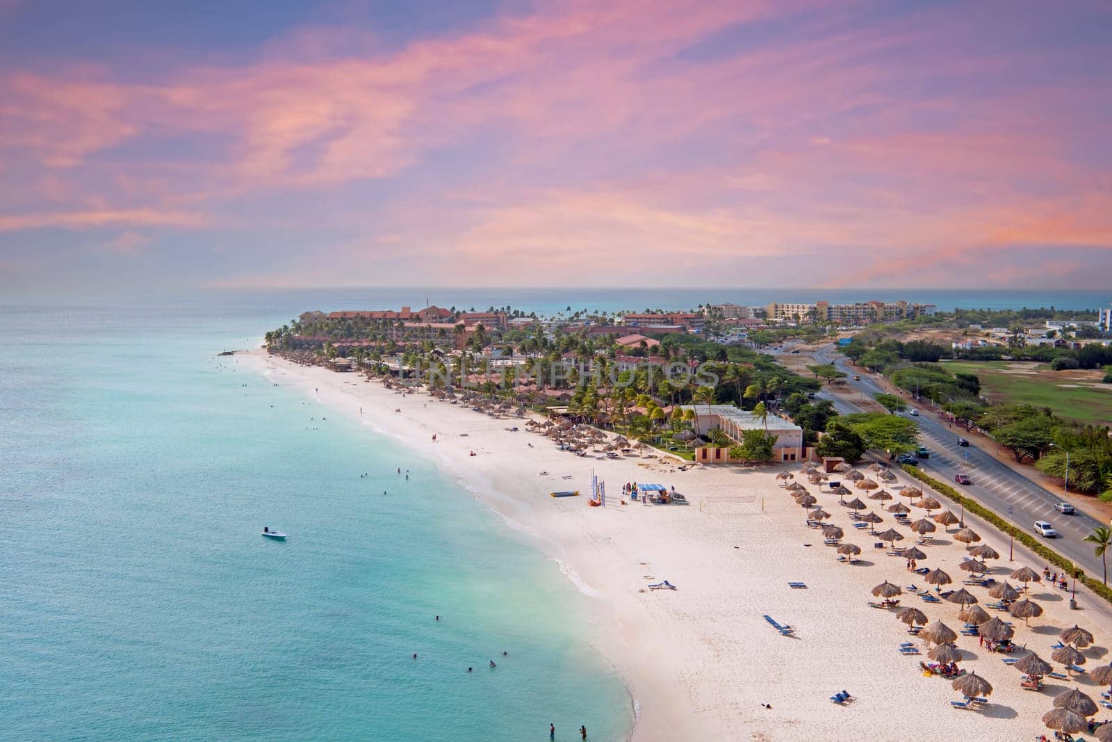 Aerial from Druif Beach on Aruba island in the Caribbean Sea at sunset