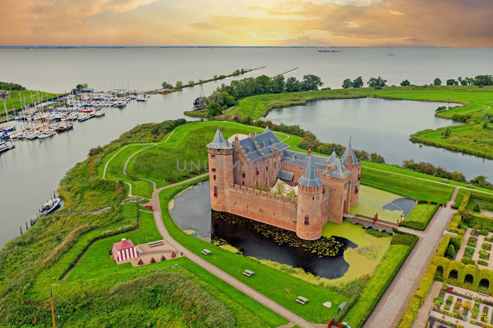 Aerial from medieval castle 'Muiderslot' in the countryside from the Netherlands
