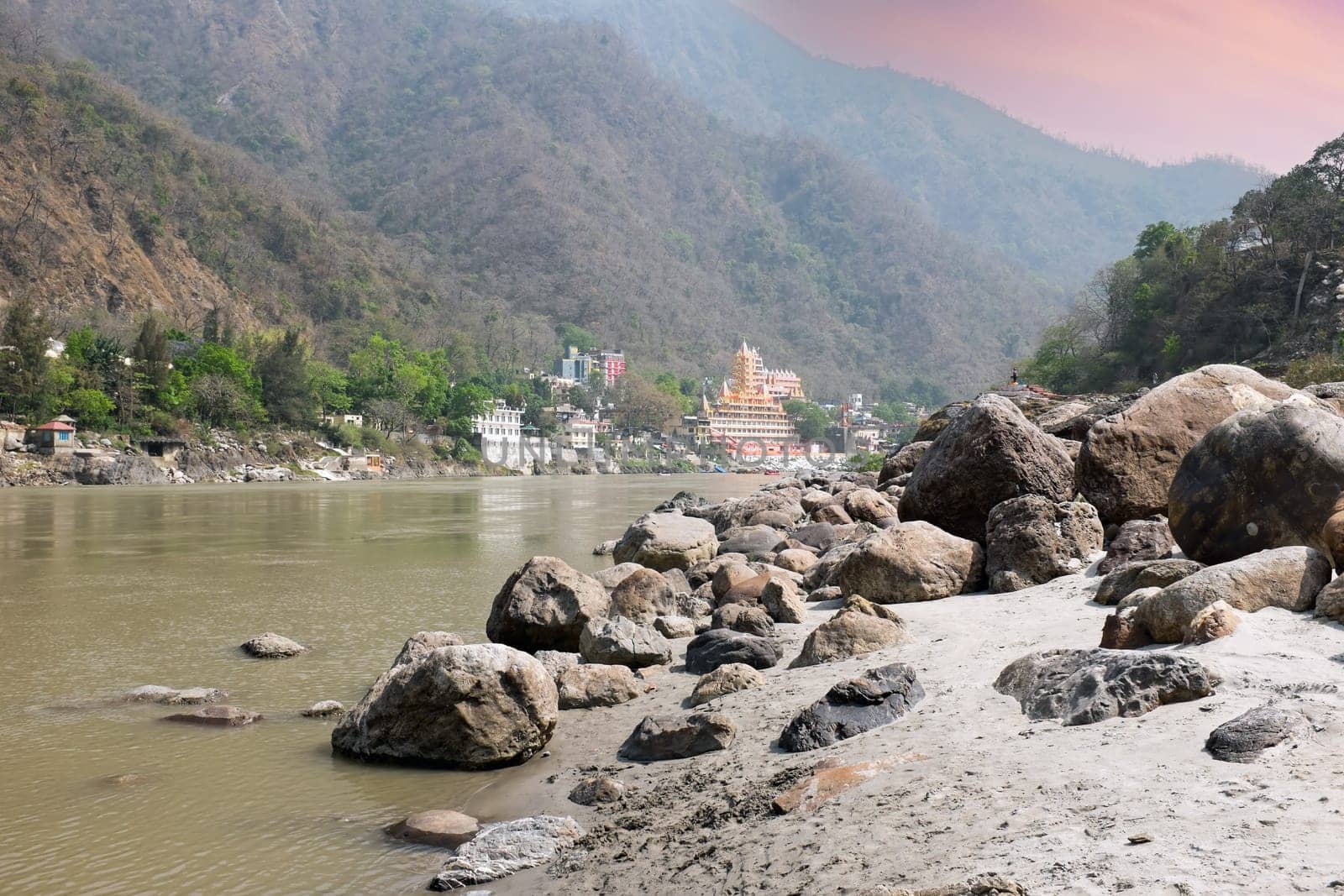 The river Ganges at Laxman Jhula in India Asia at sunset
