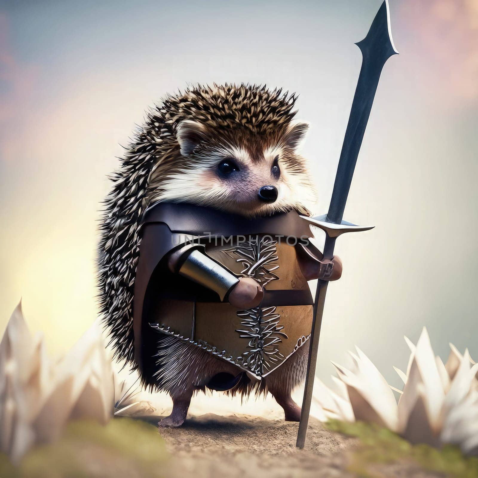 Hedgehog dressed as a knight with a shield and a sword. AI Generated.