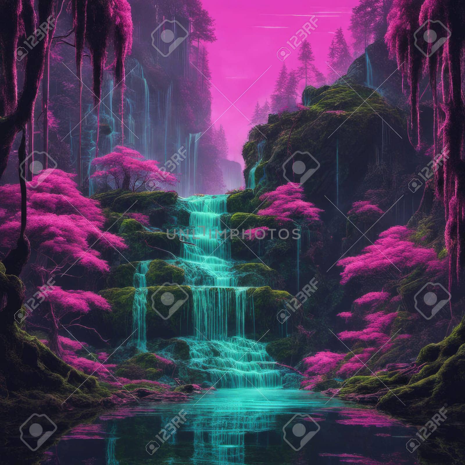 Fantasy landscape with waterfall. Digital art painting. 3D rendering. AI Generated.