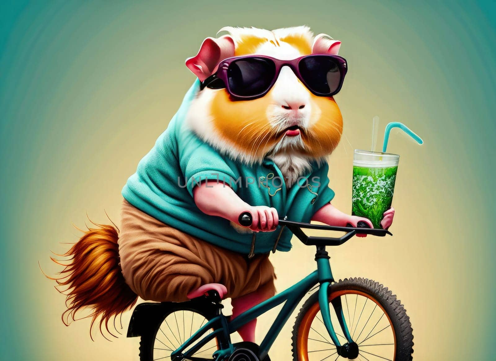 Funny guinea rat rodent with a glass of green smoothie on bicycle by Waseem-Creations