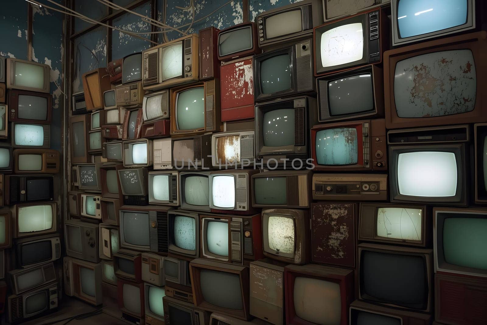 Many old analog tv sets stacked along the wall. Digital neural network generated image. Not based on any actual scene or pattern.